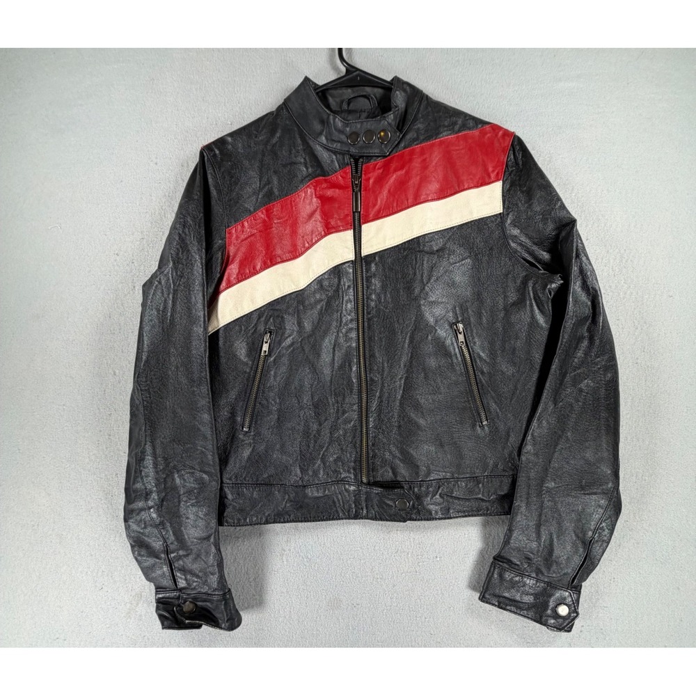 Men's Small Black Leather Cafe Racer Jacket Red White Stripe Moto Biker Racing